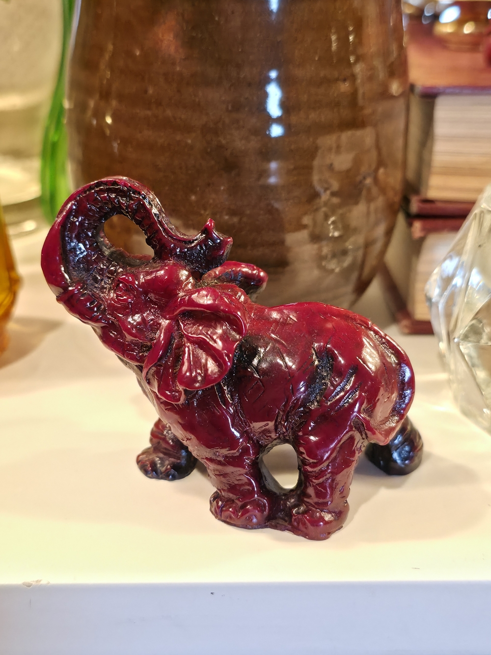 Vintage Red Resin Elephant Figurine Trunk Up Good Luck Feng Shui Decor 3.5"